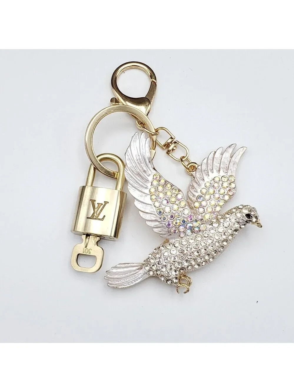 Authentic Louis Vuitton Lock & Key with Unbranded Dove Charm, Keychain